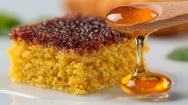 Fresh golden cornbread slice with honey dripping from wooden spoon