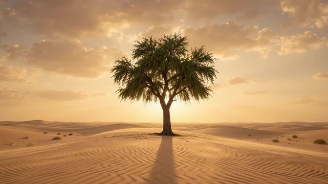 Hope in the Desert: Lone Tree at Sunrise - A solitary, vibrant green tree stands resilient on a golden desert ridge as the sun rises.