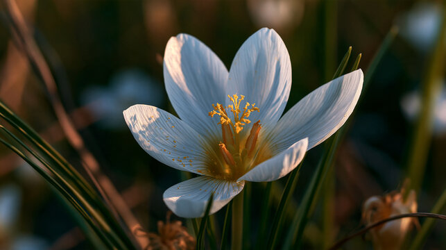 Delicate white crocus flower blooming in spring grass outdoors with blossom