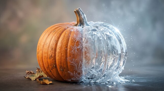 Orange pumpkin merging with transparent ice sculpture, frosty textures and autumn leaves against a misty dark background, seasonal still life. Concept of winter arrival and seasonal transition