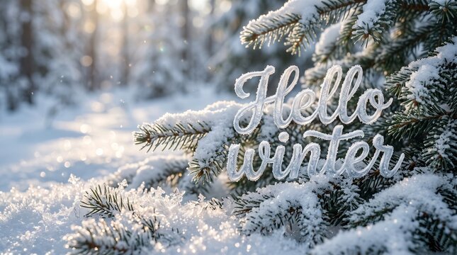 Hello winter lettering on snow covered evergreen branches with sparkling frost and softly blurred woodland background in a peaceful seasonal nature scene. Concept of winter arrival