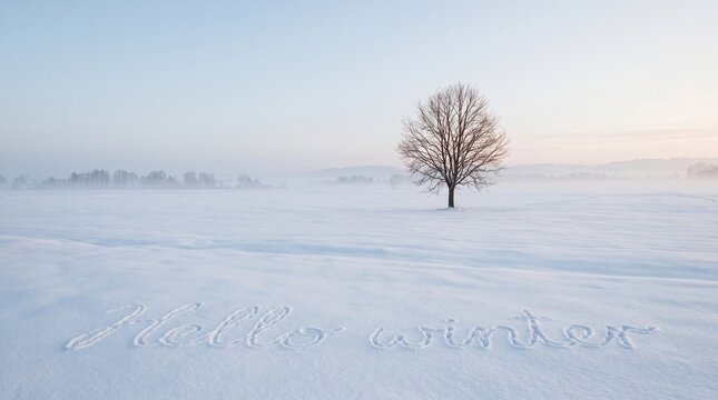 Lone leafless tree rising from a snowy field with handwritten hello winter message, misty hills, pale blue sky, and serene cold season landscape. Concept of winter arrival and seasonal transition