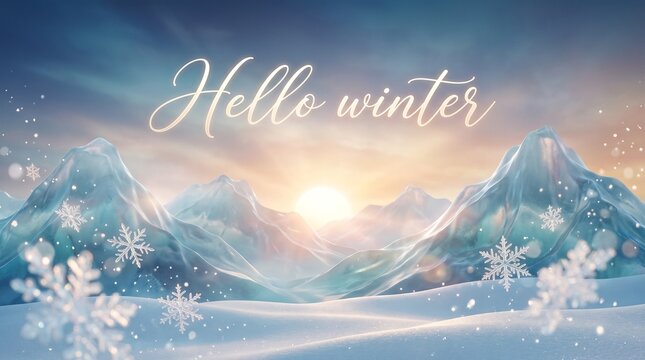 Hello winter script lettering over pastel snowy mountain landscape with glowing sunrise, frosted peaks, falling snowflakes. Concept of winter arrival and seasonal transition