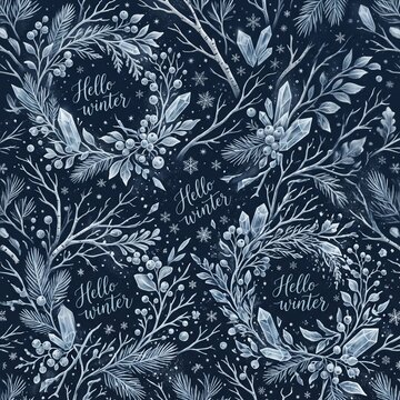 Winter botanical illustration with frosted branches, evergreen needles, berries, crystals, snowflakes, and handwritten greetings on dark blue illustrated background.