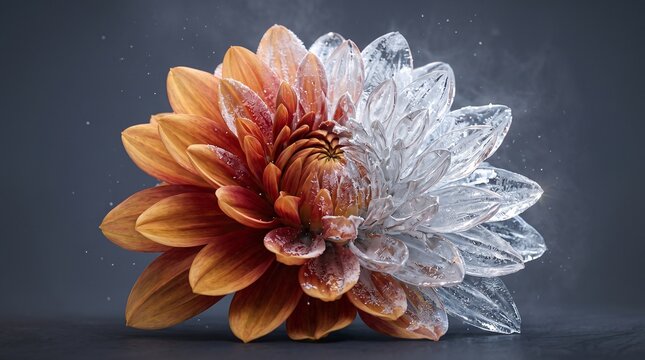 Illustration of split chrysanthemum flower with warm copper petals and frosted crystal petals against a dark background. Concept of winter arrival and seasonal transition