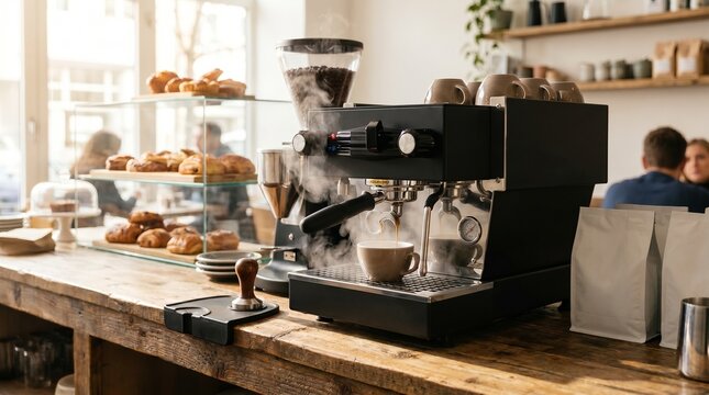 Commercial espresso machine with portafilter and coffee grinder beside pastries and paper bags on a wooden counter in a bakery cafe interior, for coffee shop equipment, barista workspace concept