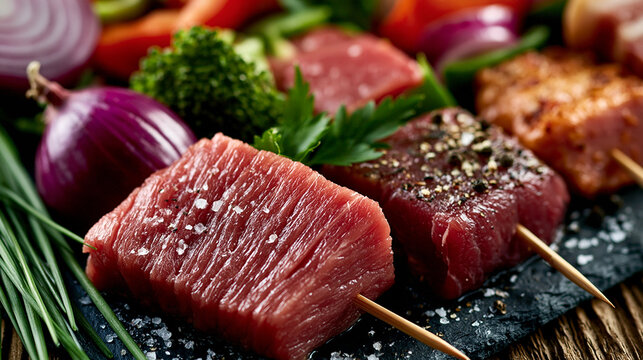 Marinated beef cubes on wooden skewers resting on black slate with raw meat
