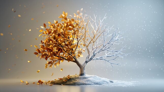 Illustration of symbolic tree showing golden autumn leaves transitioning into bare winter branches, with snow-covered ground and falling foliage. Concept of winter arrival and seasonal transition