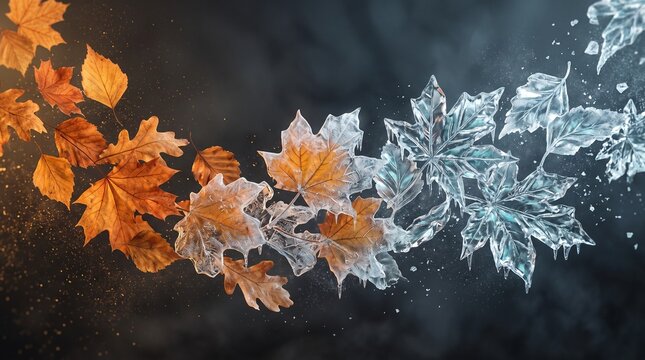 Autumn leaves transitioning from warm orange to icy blue crystal forms across a dark atmospheric background, dramatic color contrast and texture. Concept of winter arrival and seasonal transition