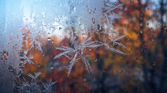 Frost crystal patterns and water droplets covering window with blurred autumn trees and cool blue light, creating a seasonal natural background. Concept of winter arrival and seasonal transition