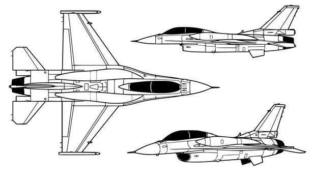 Monochrome F-16 Two Seat Fighter Aircraft Views with Conformal Fuel Tanks Vector Set
