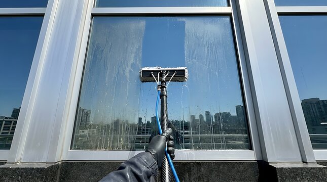 A first-person perspective view of a professional cleaner using an extended reach brush pole to wash the dirty glass exterior facade of a modern high-rise skyscraper building in the city.