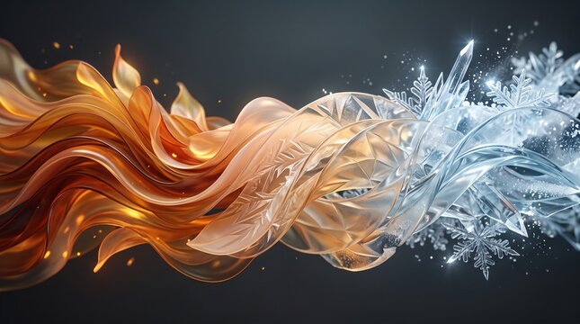 Abstract flowing ribbons transition from warm orange and gold flames to icy blue crystalline snowflakes on dark background, digital winter illustration. Concept of seasonal transition