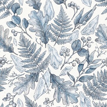 Blue botanical watercolor pattern with oak leaves, fern fronds, berries and crystal shapes arranged across a pale illustrated background. Concept of winter seasonal designs and greeting backgrounds