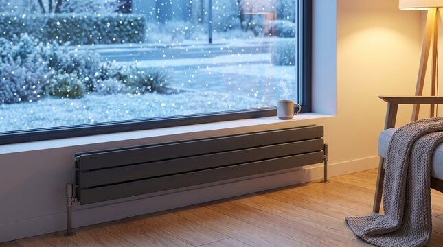 Modern living room with black radiator, coffee cup, knitted blanket, floor lamp and snowy street visible through the window in residential interior. Concept of winter arrival and seasonal transition