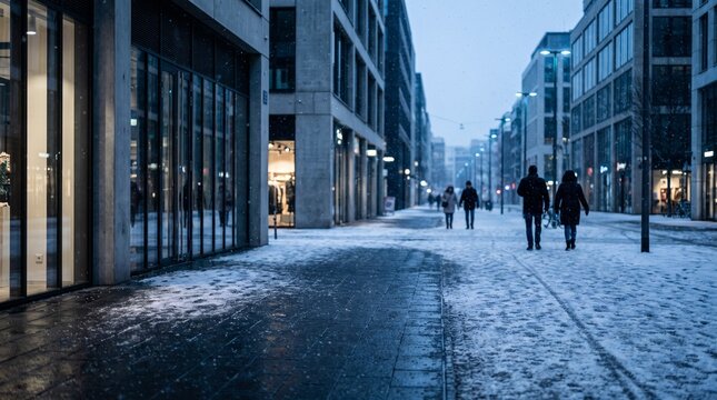 Snow covered urban pedestrian street lined with modern glass buildings, illuminated storefronts and bundled pedestrians in a city center. Concept of winter arrival and seasonal transition