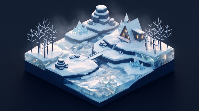 Stylized winter landscape illustration with snowy trees, layered hills, frozen water, icy formations, and illuminated cabin in an isometric scene. Concept of winter arrival and seasonal transition