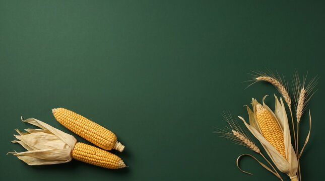 A serene and inviting thanksgiving backdrop featuring vibrant indian corn against a deep rich green background perfect for creating festive holiday graphics invitations or social