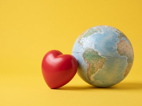 Red heart resting on world globe on yellow background, concept of global health, love and care