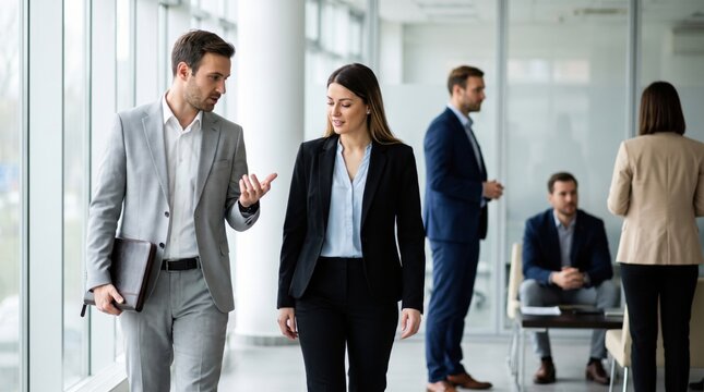 Business people walking and talking in modern office hallway with professional teamwork and confident workplace communication