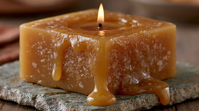 A burning square beeswax candle resting on a rustic stone slab with dark background
