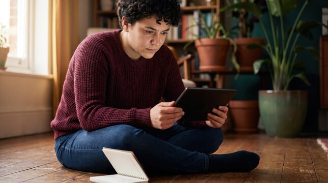 Young man using tablet at home, focused student reviewing digital content beside open notebook in warm room with houseplant and wooden floor