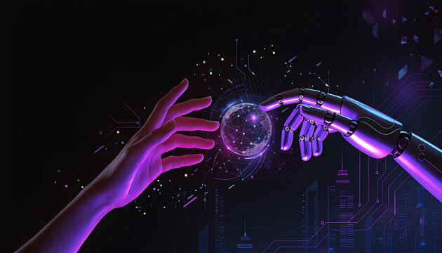 Futuristic human robotic hand collaboration sharing holographic