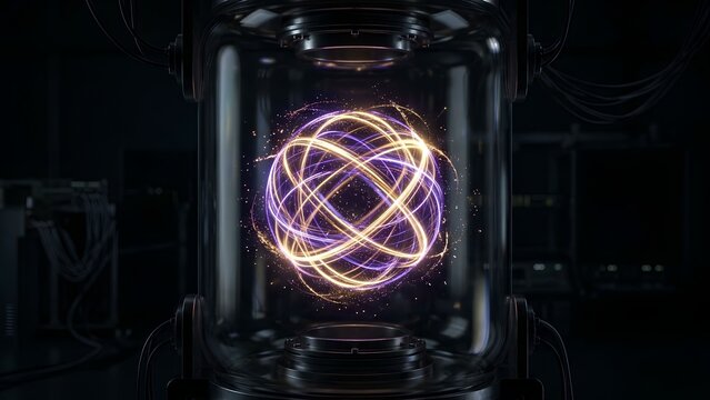 Quantum computing energy sphere contained in a glass vacuum chamber representing particle physics research, quantum mechanics experiments and advanced laboratory technology
