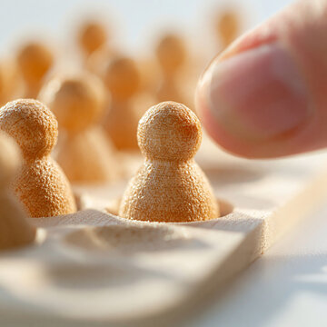 Person moving a wooden pawn on a game board among other figures with piece