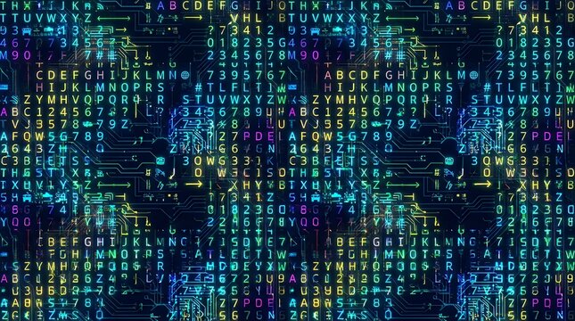 Vibrant multi colored seamless digital typography backdrop filled with random alphanumeric characters and glowing data symbols for creative modern technological communication patterns abstract