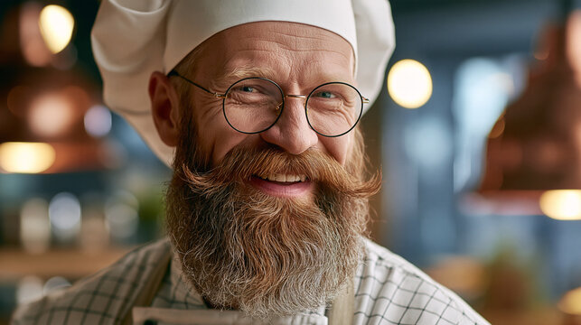 Professional chef with a long beard and mustache wearing a hat in a kitchen restaurant culinary