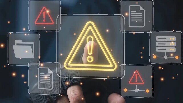 Technician touching virtual triangle warning alert icon on futuristic dashboard indicating database server malfunction security error and cloud infrastructure system failure.