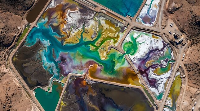 Abstract aerial drone photography view above colorful chemical evaporation mining decanting pond showing surreal fluid textures vivid toxic sediment mineral patterns flowing across earth terrain