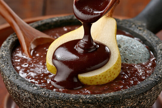 Molten dark chocolate sauce pouring over a fresh pear slice in a stone bowl