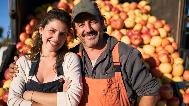 Couple poses with fresh apples on farm