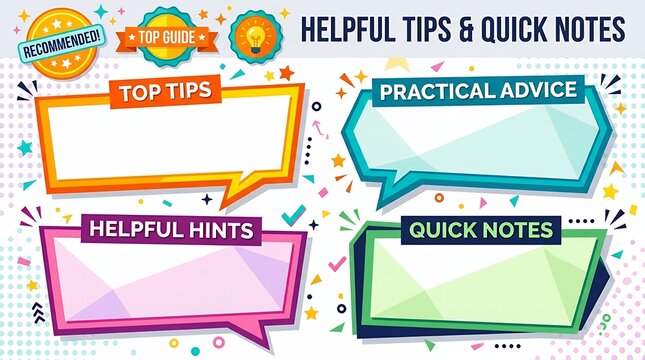 Vibrant Creative Speech BubbleLayout Template With Blank Geometric Copy Space Area For Useful Top Tips Guide Practical Advice Quick Notes Helpful Hints And Graphic Recommendation Badges top
