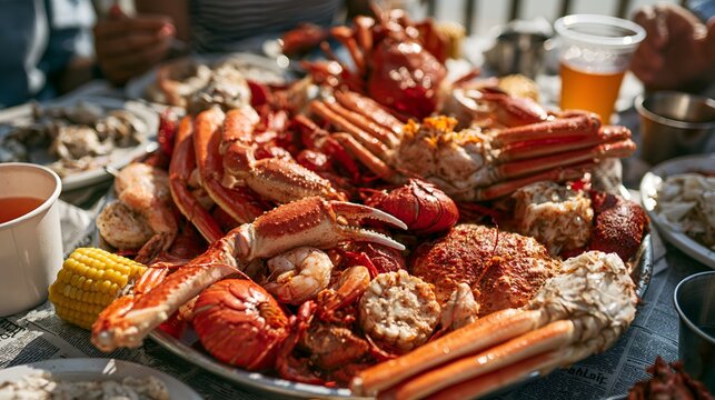 Feast of seafood including crab legs and lobster tails