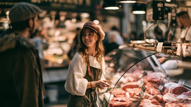 Female vendor serves customer at indoor meat market stall