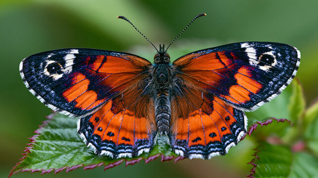Orange and black butterfly perched on a green leaf in a natural setting with macro photography