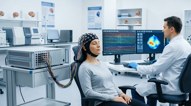 Advanced biomedical electroencephalogram brain activity monitoring equipment designed for neurological testing and scientific medical research laboratories medical healthcare biomedical science