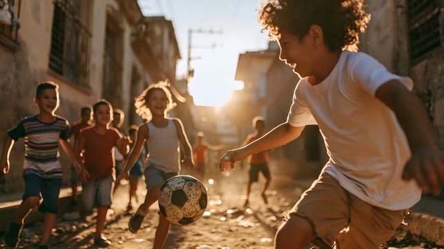Group of young boys playing football on dusty road