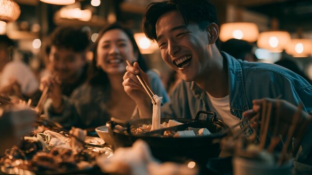Happy friends sharing a delicious meal in a cozy, warm restaurant setting