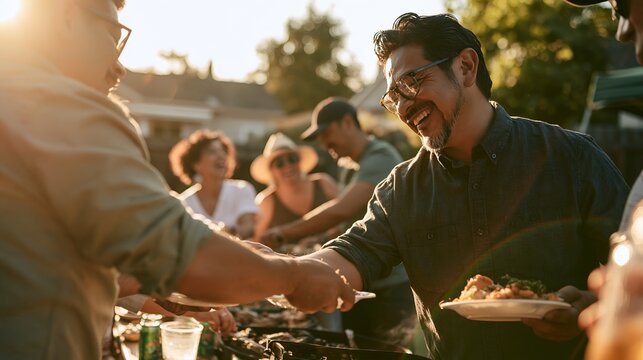 People sharing food at outdoor party during golden sunset