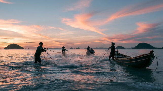 Silhouettes of people hauling fishing nets near small boat at colorful twilight