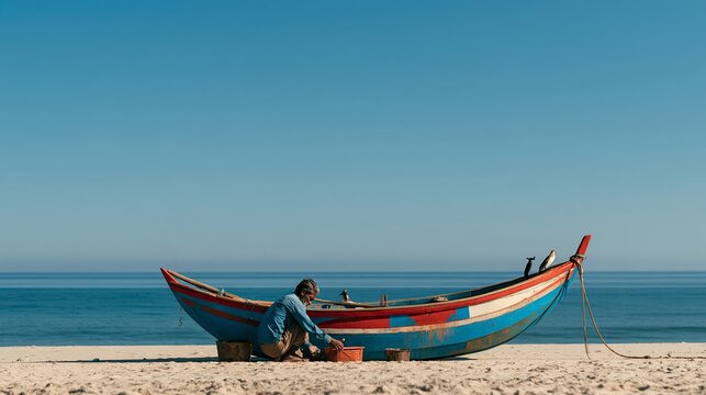 Solely human and boat on shoreline, no flora or fauna