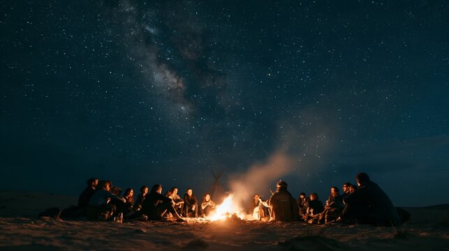 Starlit night with people sitting around fire