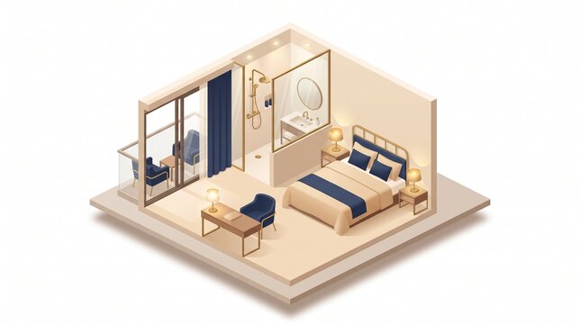 Isometric cutaway hotel room with an en suite bathroom and balcony