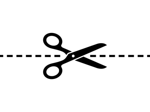Black silhouette of scissors cutting a dashed line, symbolizing cutting, separation, or a break in continuity.