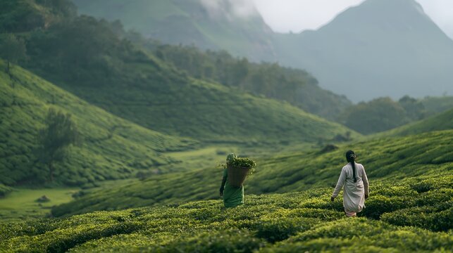Tea pickers move across verdant hills