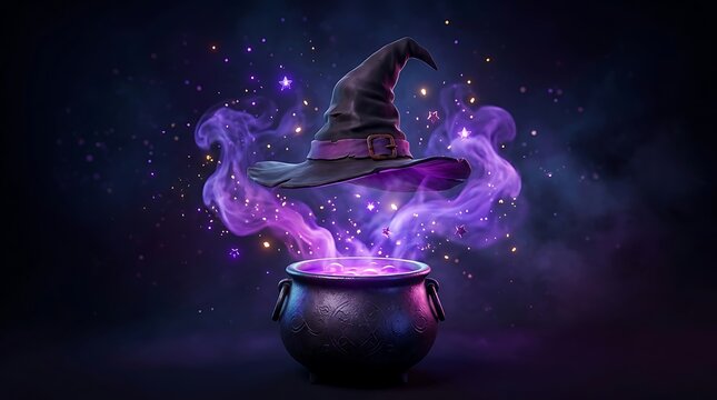 Mystical Halloween magic cauldron with glowing purple magic potion, swirling smoke, and a floating witch hat surrounded by sparkling stars in a dark fantasy night background for banner or poster   